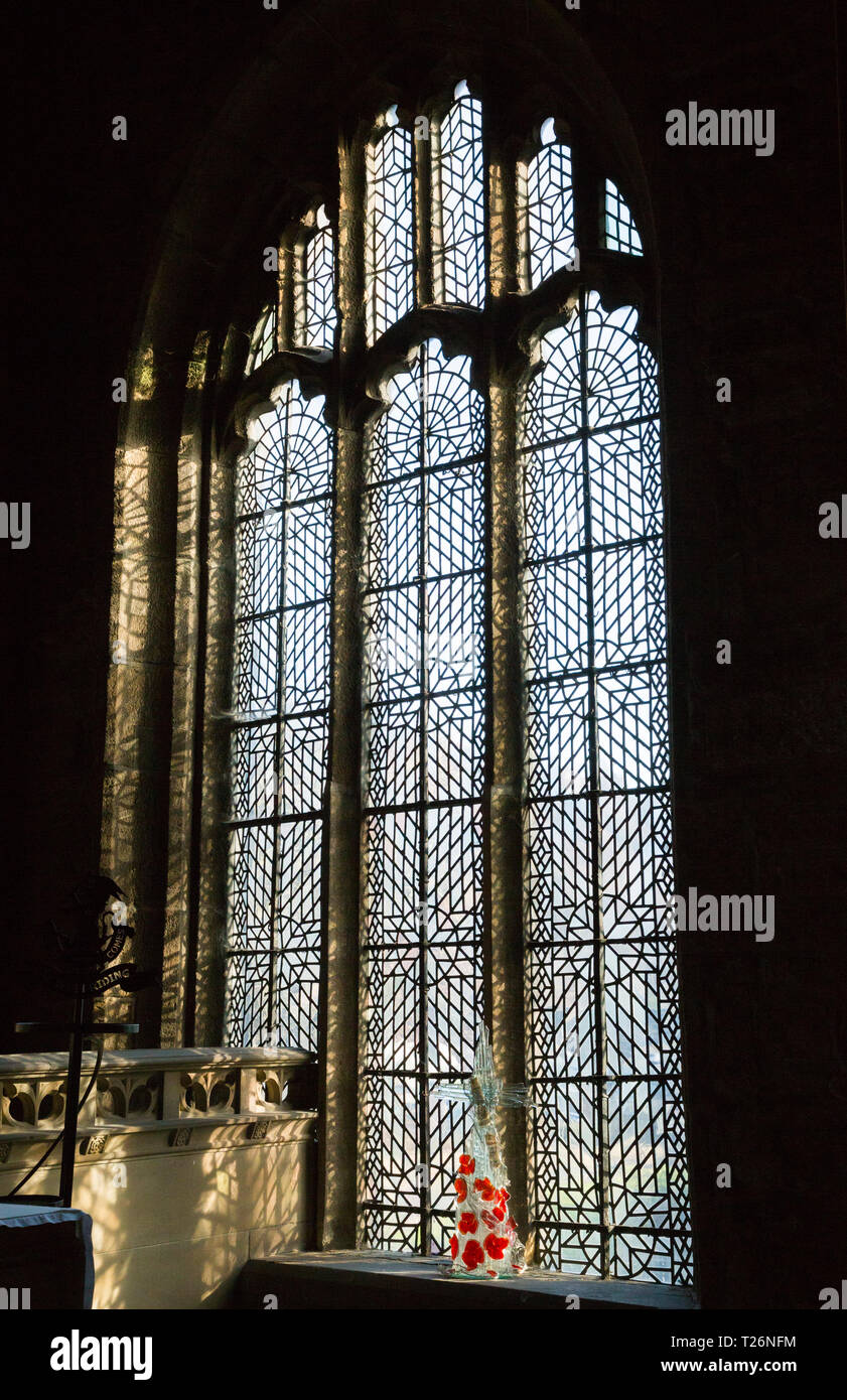 Commonwealth glass windows of Halifax Minster. West Yorkshire. UK. Plain glass leaded windows