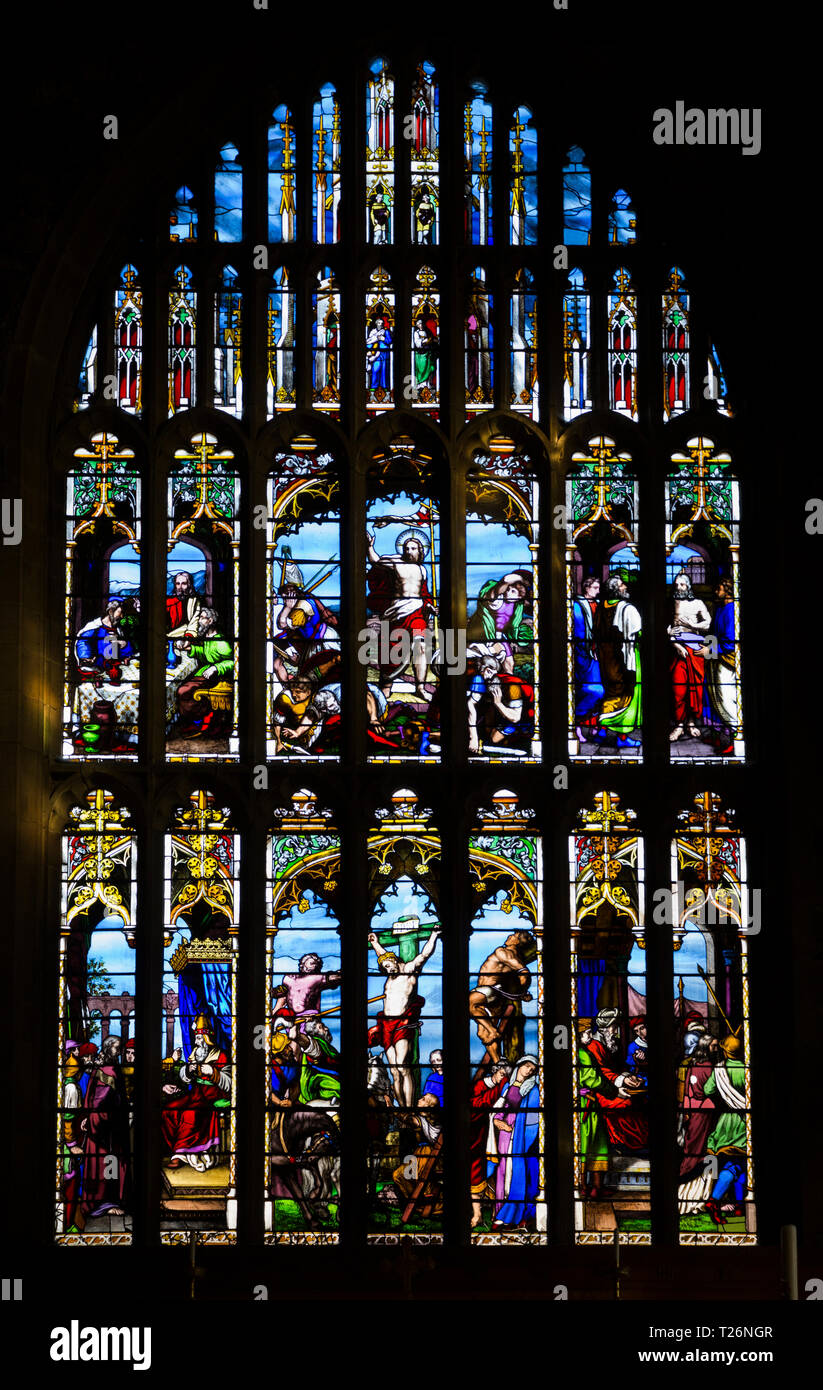 Stained glass Great East Window of Halifax Minster, depicting Crucifixion and Resurrection of