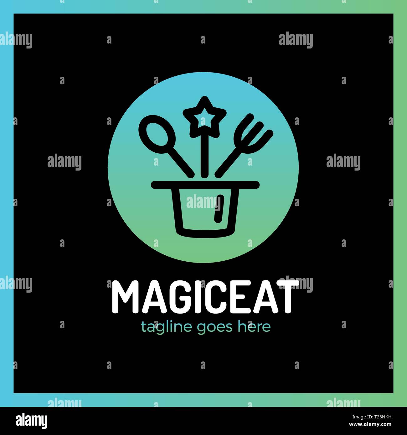 Magic Eat Logo. Spoon, fork, star, surprise, logotype Stock Vector