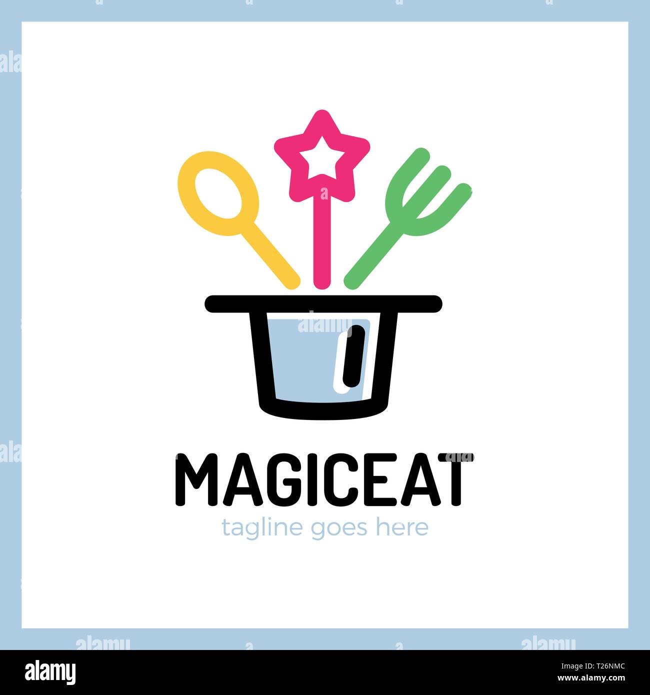 Magic Eat Logo. Spoon, fork, star, surprise, logotype Stock Vector