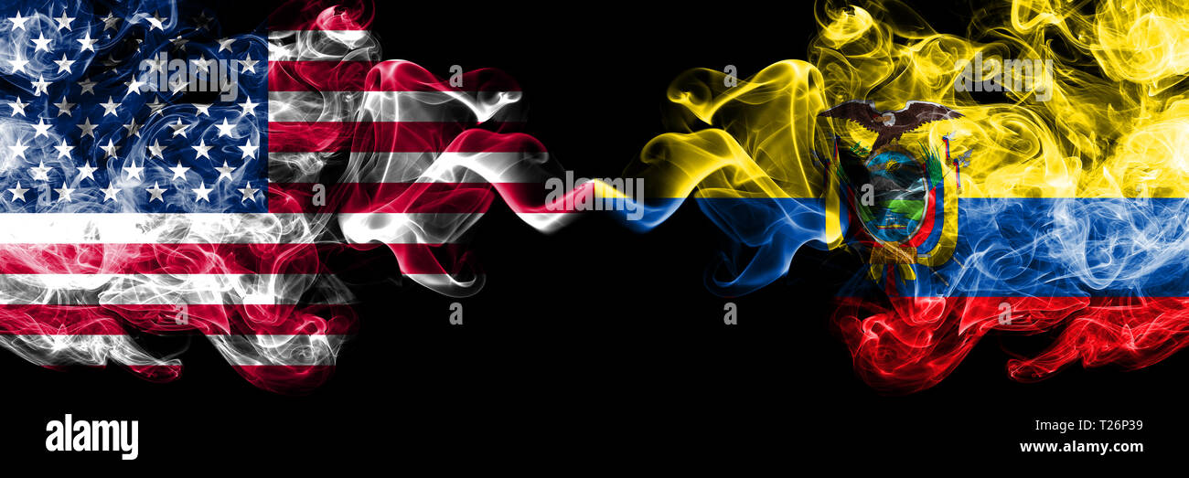 United States of America vs Ecuador, Ecuadorian smoky mystic flags placed side by side. Thick colored silky smoke flags of America and Ecuador, Ecuado Stock Photo