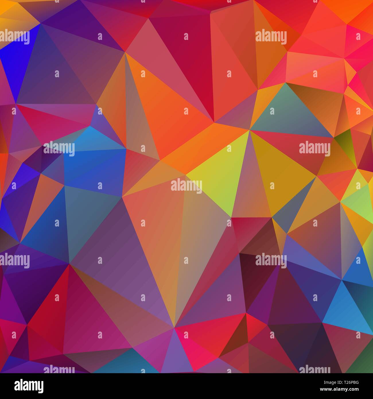 Pink, red square festive abstract background of triangles of blue, purple, red shades Stock Vector