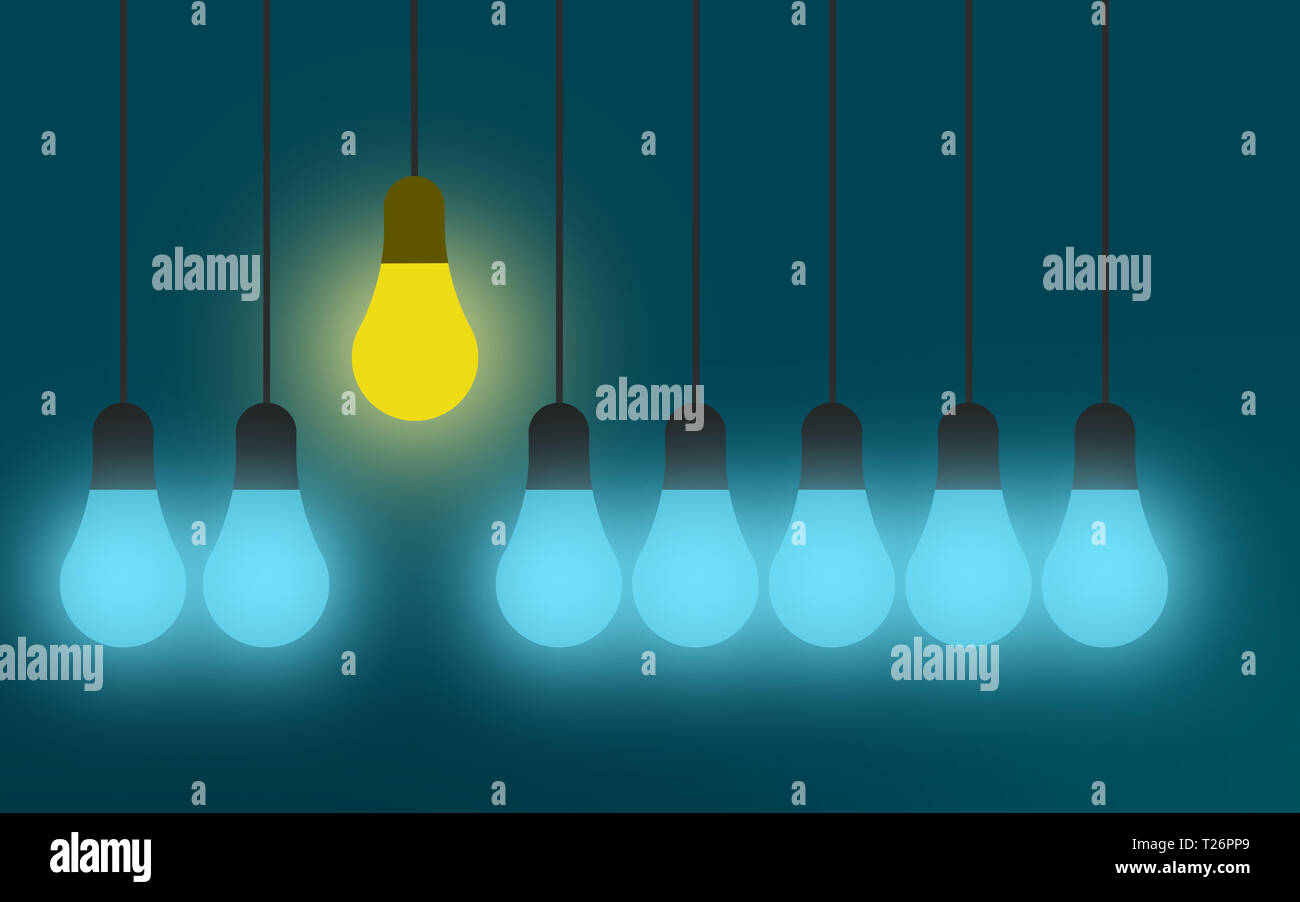 Idea concept with light bulbs on blue background, 3D rendering Stock Photo