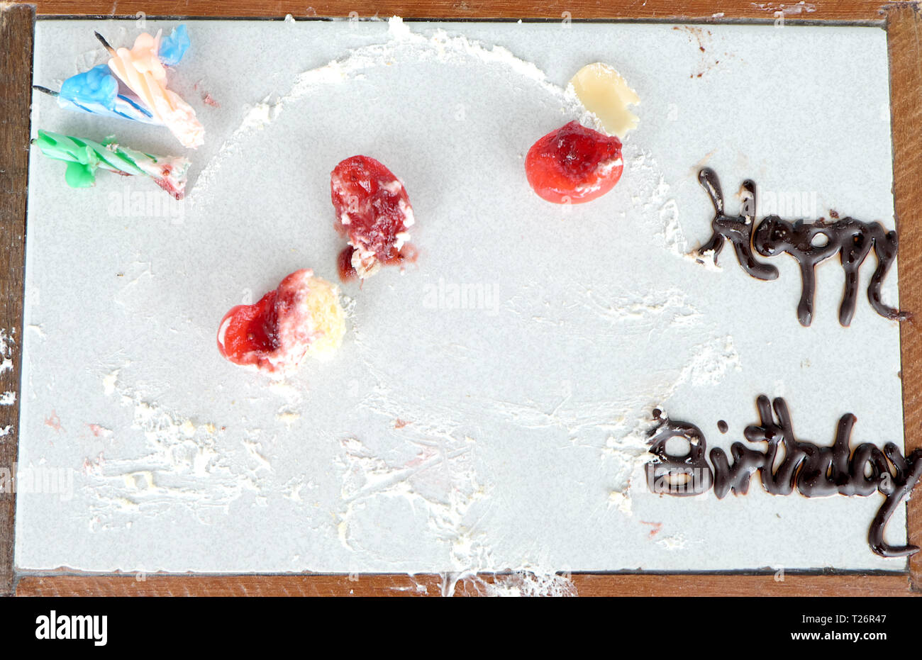 Happy birthday cake, dirty and empty Stock Photo - Alamy