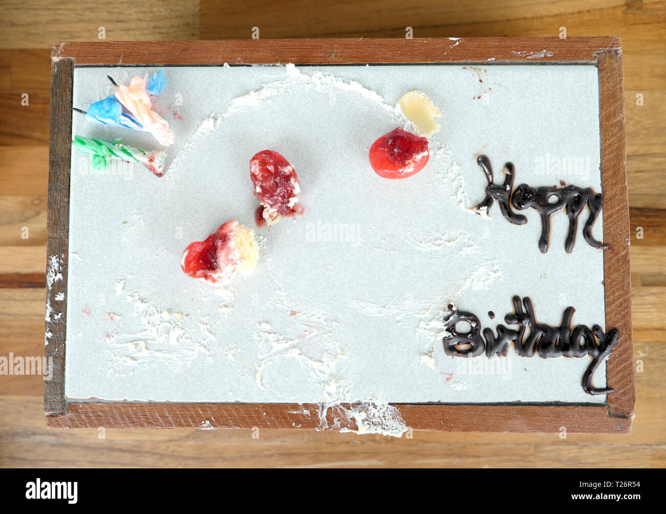 Happy birthday cake, dirty and empty Stock Photo - Alamy