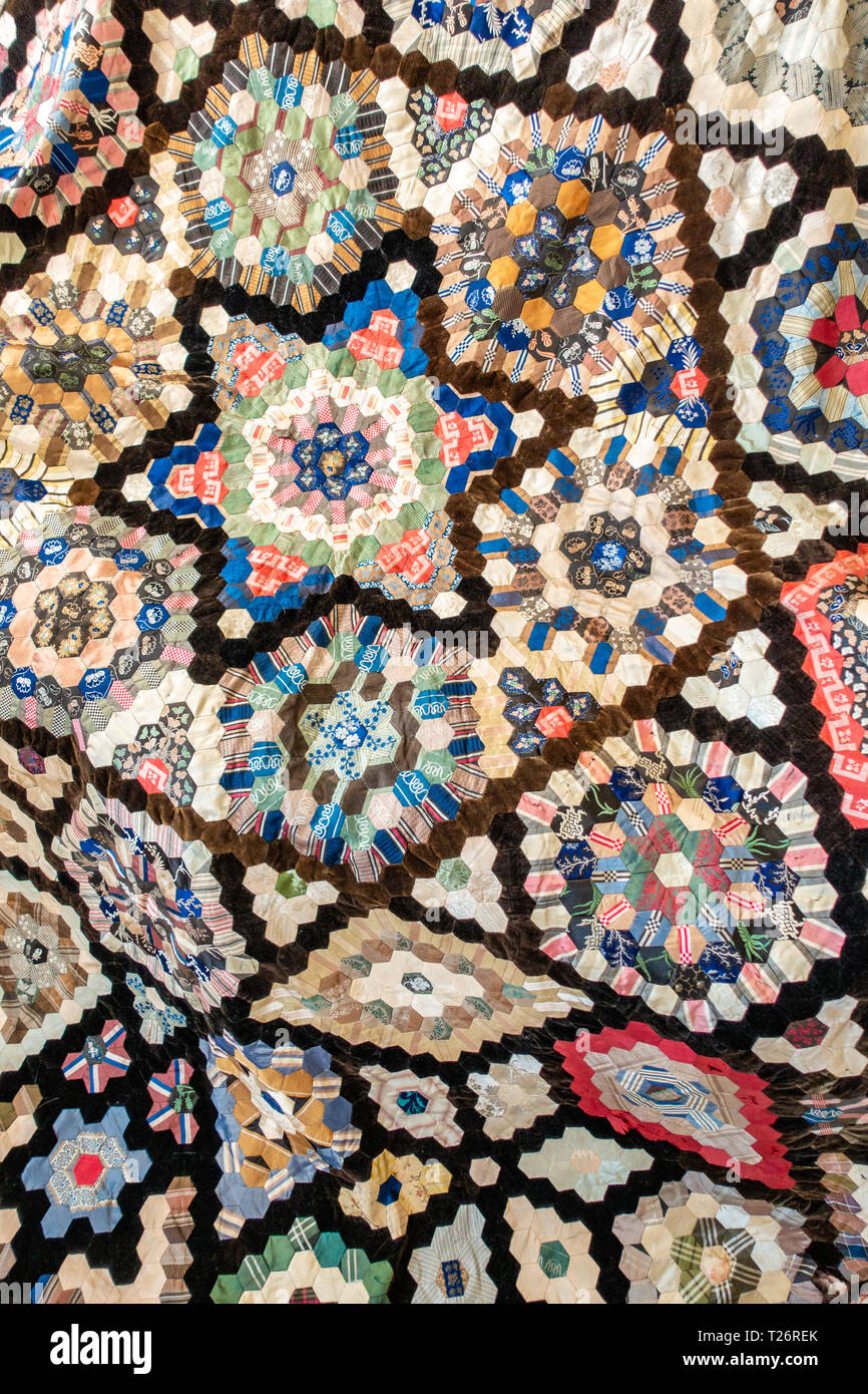 closeup of a Hexagonal 1970’s brightly coloured Quilted wall hanging ...
