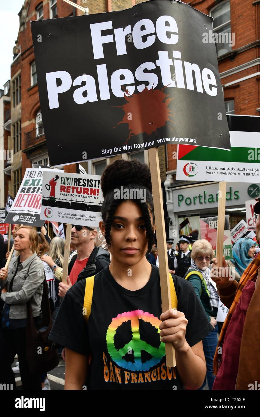 London, UK. 30th March 2019. Hundreds of pro-Palestian Students Rally for Palestine: Exist! Resist! Return! rally demand Stop Arming Israel and Gaze - End the Siege outside Israeli Embassy, Kensington High Street Credit: Picture Capital/Alamy Live News Stock Photo