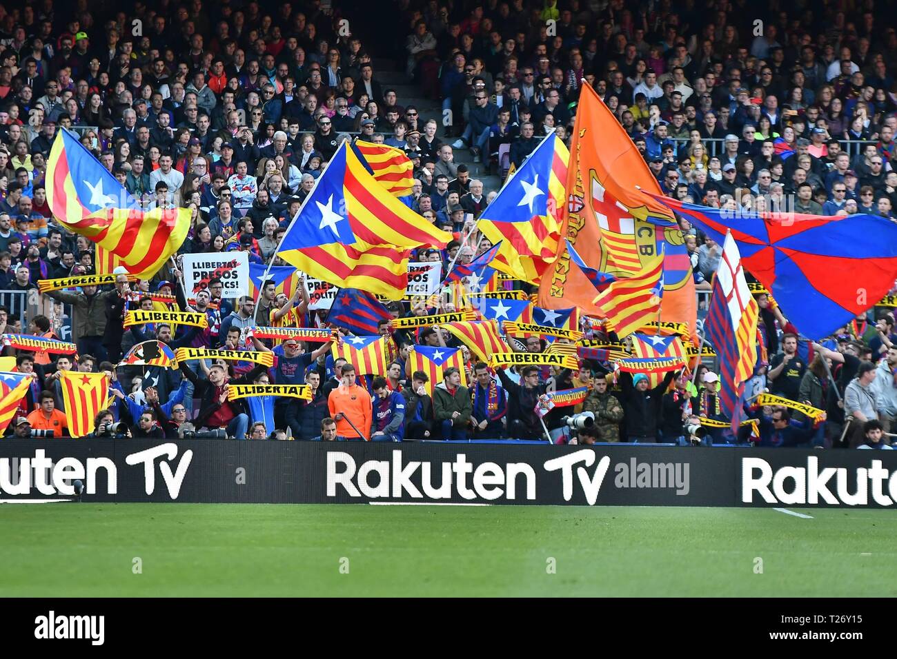 Barcelona, Spain. 30th March 2019. FC Barcelona supporters during the  football match, spanish league, la liga, between FC Barcelona vs RCD  Espanyol on March 30, 2019 at Camp Nou stadium in Barcelona,