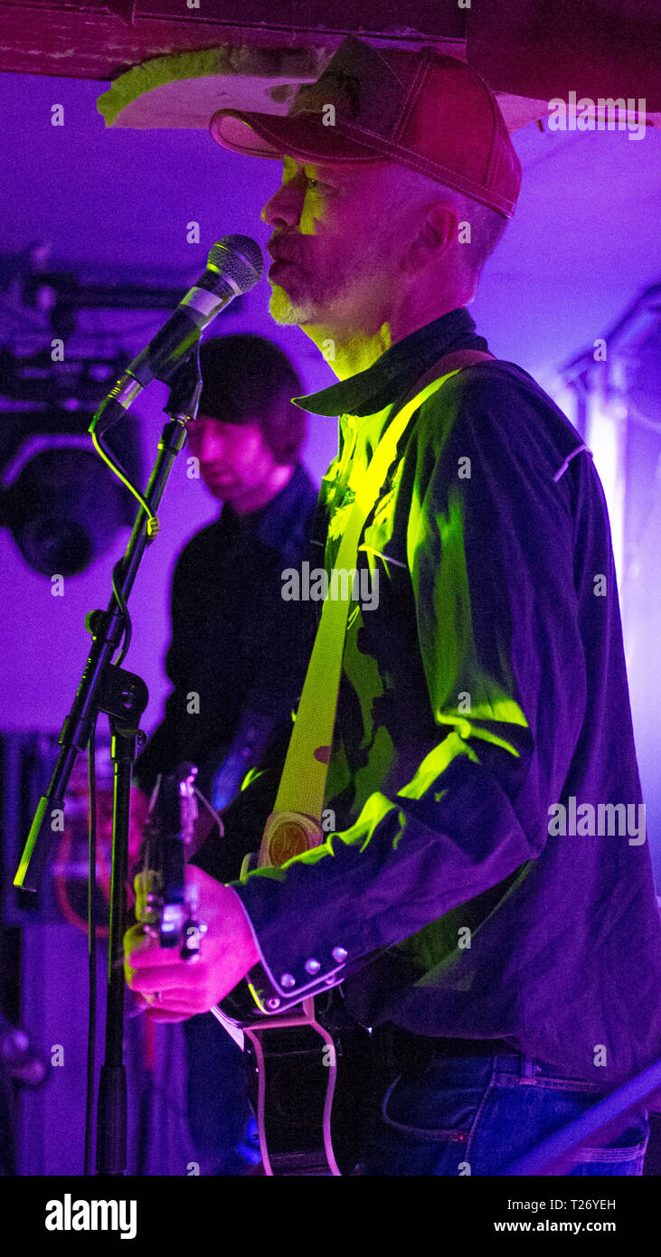 Glasgow, UK. 29 March 2019. The Reverse Cowgirls, in concert, performing psych-tinched garage rock music at a packed Broadcast in Glasgow.  PICURED: (left-right) Stephen Caferty; Hugh Mclachlan  Band Members: Hugh Mclachlan - Singer Stephen Cafferty - Guitar Alaine Walls -  Bass John Gordon - Drums Credit: Colin Fisher/Alamy Live News Stock Photo