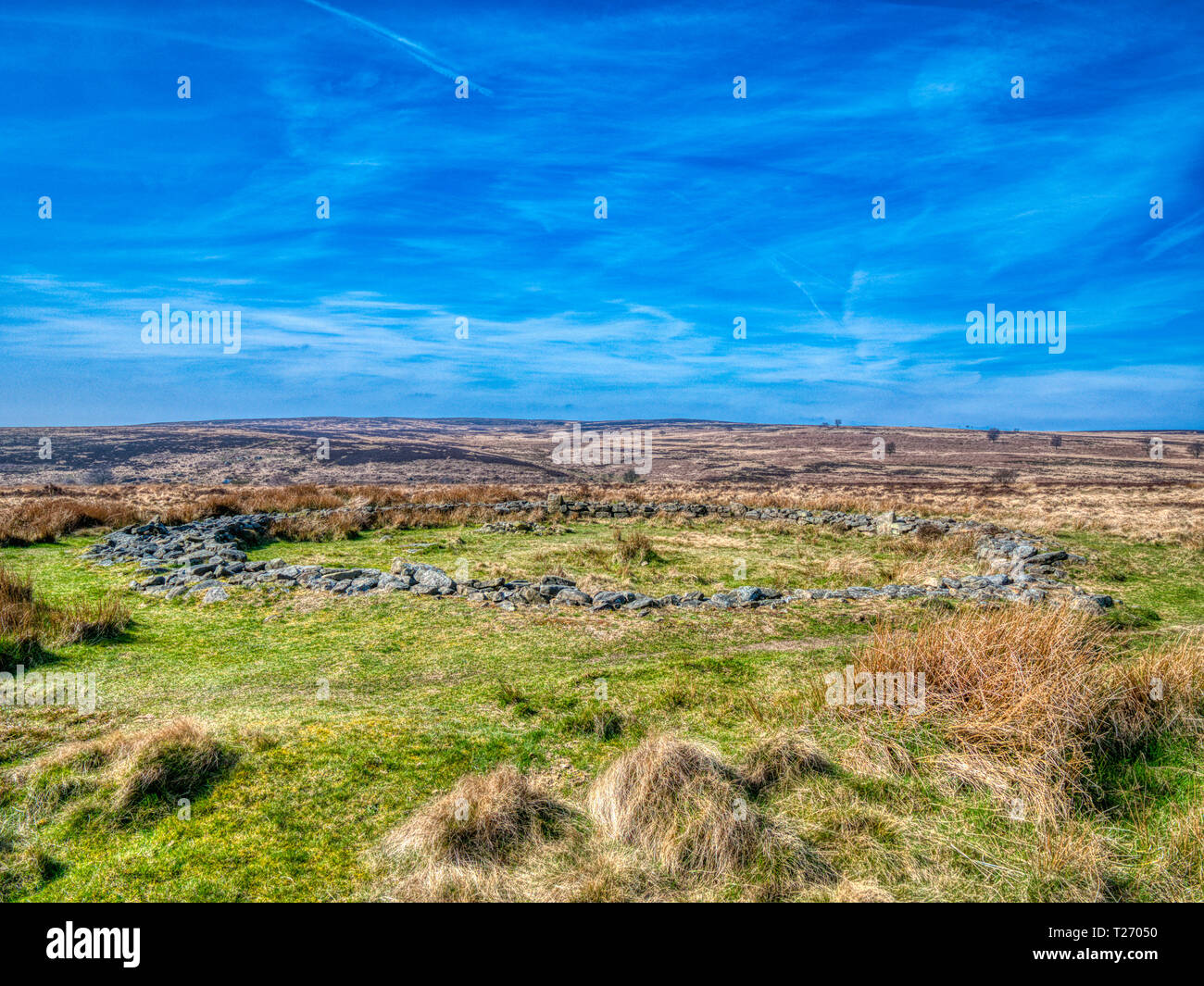 Barbrook, Derbyshire, UK. 30th March, 2019. UK Weather: Bright blue sky on a warm sunny day at Barbrook 2, stone circle altered incorporating a wall in the Peak District. HDR landscape photography. Credit: Doug Blane/Alamy Live News Stock Photo