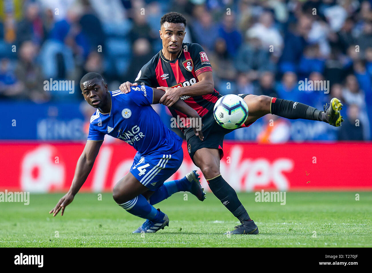LEICESTER, UK 30th March     Junior Stanislas of Bournemouth battling for the ball with Nampalys Mendy of Leicester City during the Premier League match between Leicester City and Bournemouth at the King Power Stadium, Leicester on Saturday 30th March 2019. (Credit: Alan Hayward | MI News)  Editorial use only, license required for commercial use. No use in betting, games or a single club/league/player publications. Photograph may only be used for newspaper and/or magazine editorial purposes. May not be used for publications involving 1 player, 1 club or 1 competition without written authorisat Stock Photo