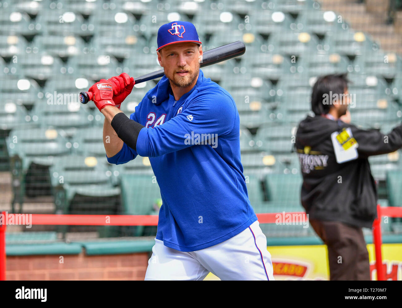 Mar 28, 2019: Texas Rangers outfielder Hunter Pence #24 during batting  practice before an Opening Day MLB game between the Chicago Cubs and the Texas  Rangers at Globe Life Park in Arlington