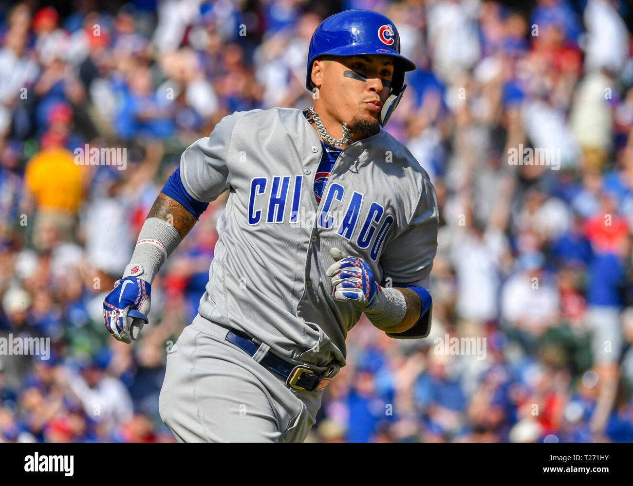 Mar 28, 2019: Chicago Cubs shortstop Javier Baez #9 during an Opening Day  MLB game between the Chicago Cubs and the Texas Rangers at Globe Life Park  in Arlington, TX Chicago defeated