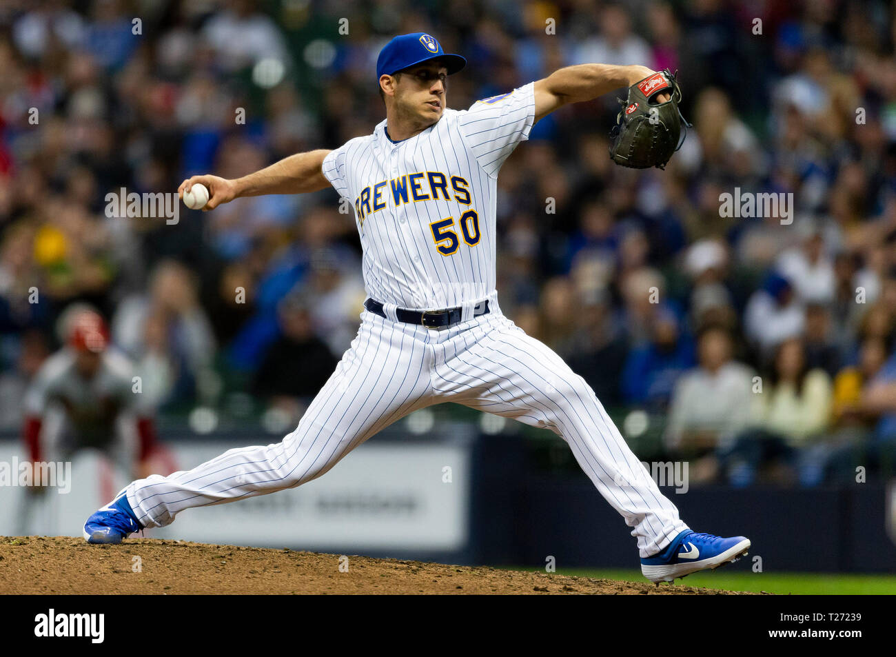 Milwaukee, WI, USA. 29th Mar, 2019. Milwaukee Brewers relief pitcher Jacob Barnes #50 delivers a pitch during the Major League Baseball game between the Milwaukee Brewers and the St. Louis Cardinals at Miller Park in Milwaukee, WI. John Fisher/CSM/Alamy Live News Stock Photo