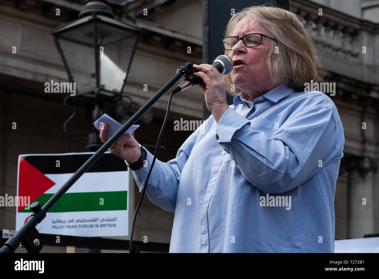 London, UK. 30th March 2019. Rally for Palestine, Exist, Resist and Return. Held outside the Israeli Embassy on Palestinian Land Day. Demanding freedom, justice and equality for the Palestinian people. March 30th also marks the the 1st anniversary of the start of the Great Return March. Organised by: Palestine Solidarity Campaign, Stop the War Coalition, Palestinian Forum in Britain, Friends of Al- Aqsa and Muslim Association of Britain. Pictured Lindsey German, Stop the War Coalition. Credit: Stephen Bell/Alamy Live News. Stock Photo