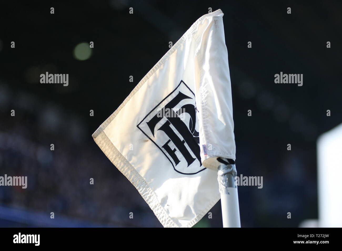 Birkenhead, Wirral, UK. 30th March, 2019. The Tranmere Rovers club badge on the corner flag during the EFL League Two match with Carlisle United at Prenton Park which Tranmere Rovers won 3-0. Stock Photo