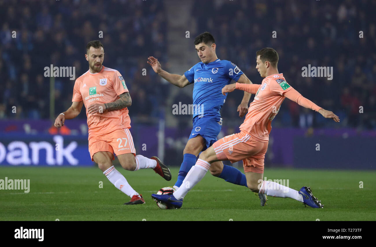 Genk Belgium March 30 Peter Zulj Of Anderlecht Ruslan Malinovskyi Of Genk And James Lawrence Of Anderlecht Fight For The Ball During The Jupiler Pro League Play Off 1 Match Day 1