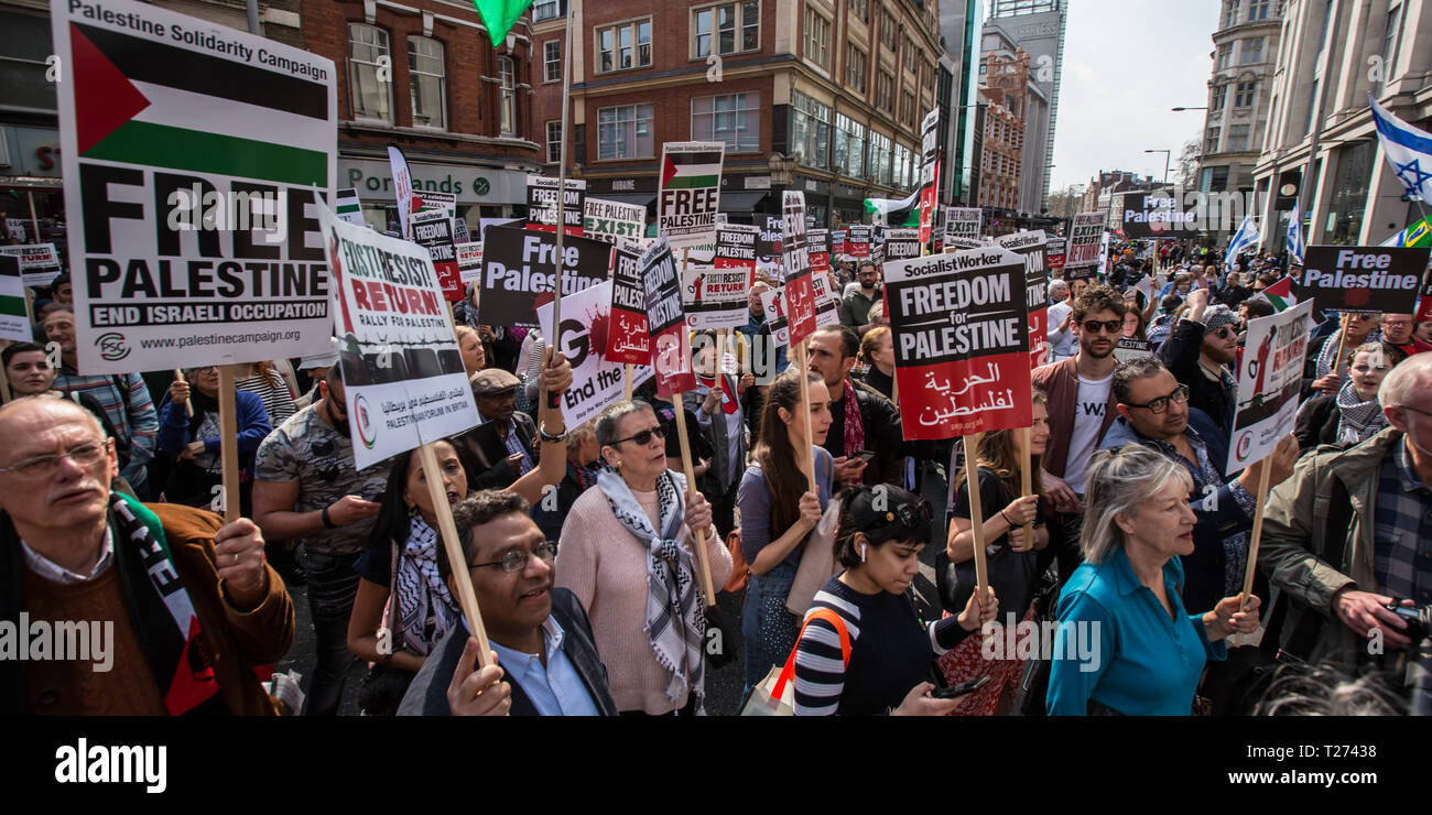 London, UK. 30 March, 2019. Palestinians and supporters gathered outside of the Israeli Embassy in London to mark the beginning of Nakba and to call on the global community to hold Israel to account for their violation of human rights and International law. David Rowe/ Alamy Live News. Stock Photo