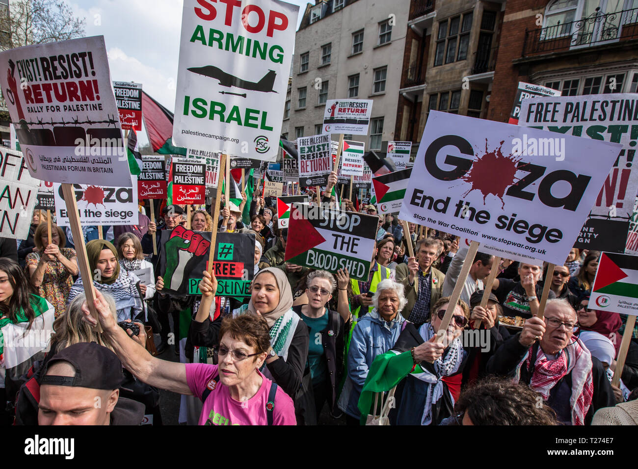 London, UK. 30 March, 2019. Palestinians and supporters gathered outside of the Israeli Embassy in London to mark the beginning of Nakba and to call on the global community to hold Israel to account for their violation of human rights and International law. David Rowe/ Alamy Live News. Stock Photo