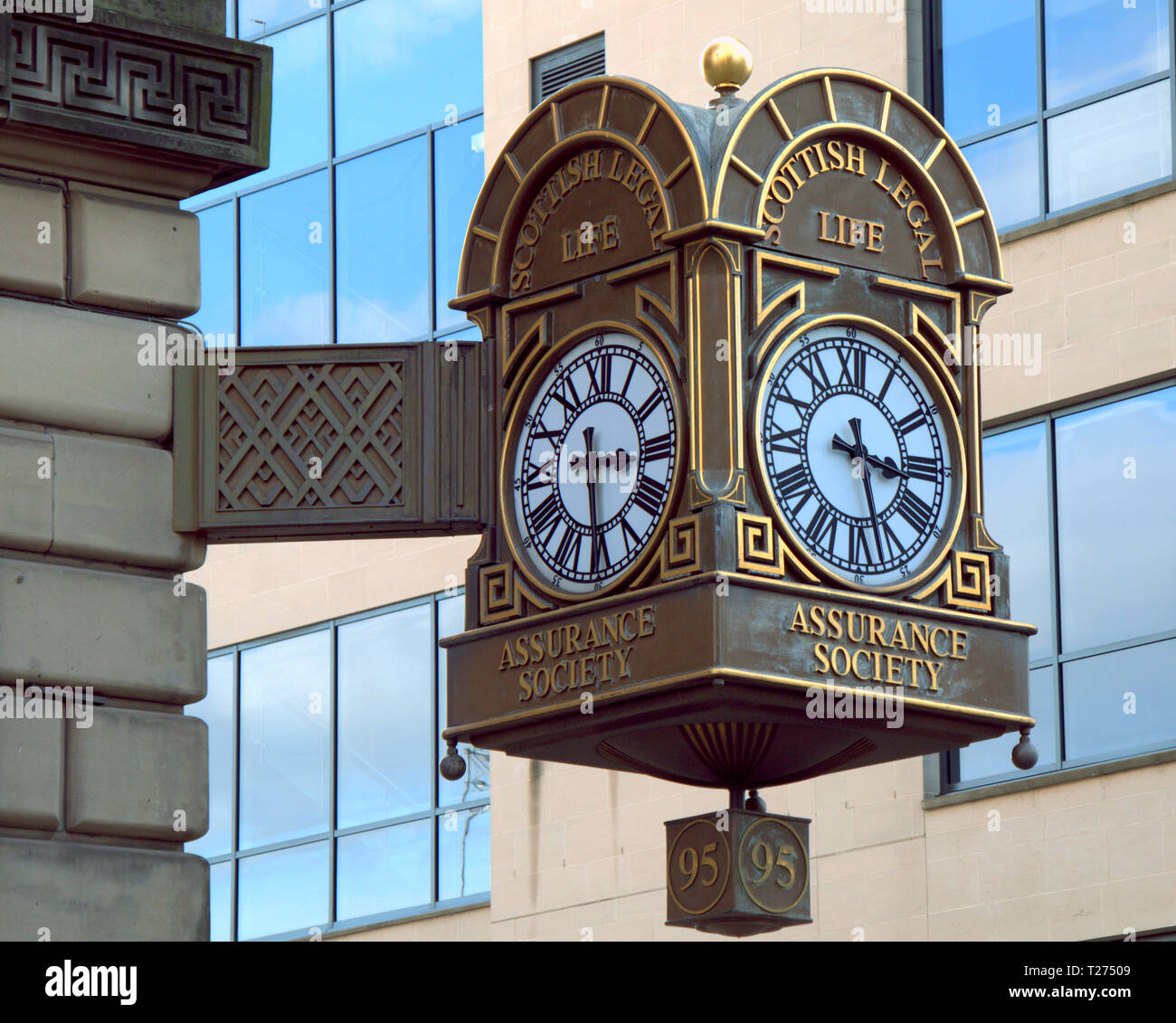 Glasgow, Scotland, UK 30th March, 2019. Clocks go forward and the iconic clocks in the city are set for the change tomorrow, the Victorian clock of Scottish legal life assurance society, with its 9 to 5 numbering often a joke in the city as its the street number, often seen in movies that are supposed to be in new York as the city often doubles for such . Gerard Ferry/Alamy Live News Stock Photo