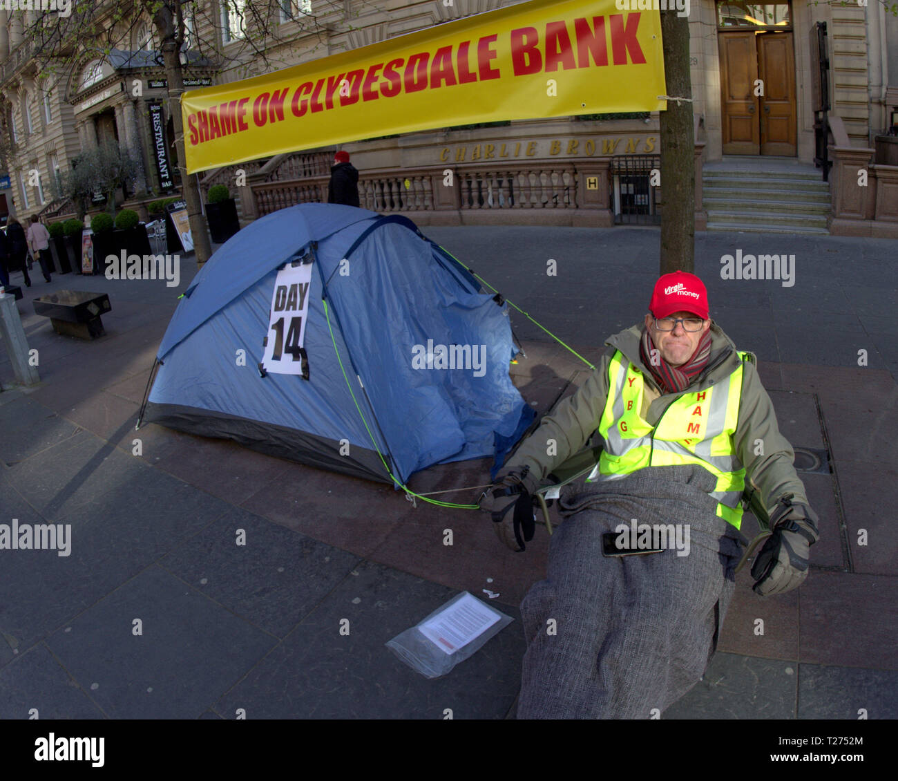 Glasgow, Scotland, UK 30th March, 2019. Famous Clydesdale bank tent protest continues outside