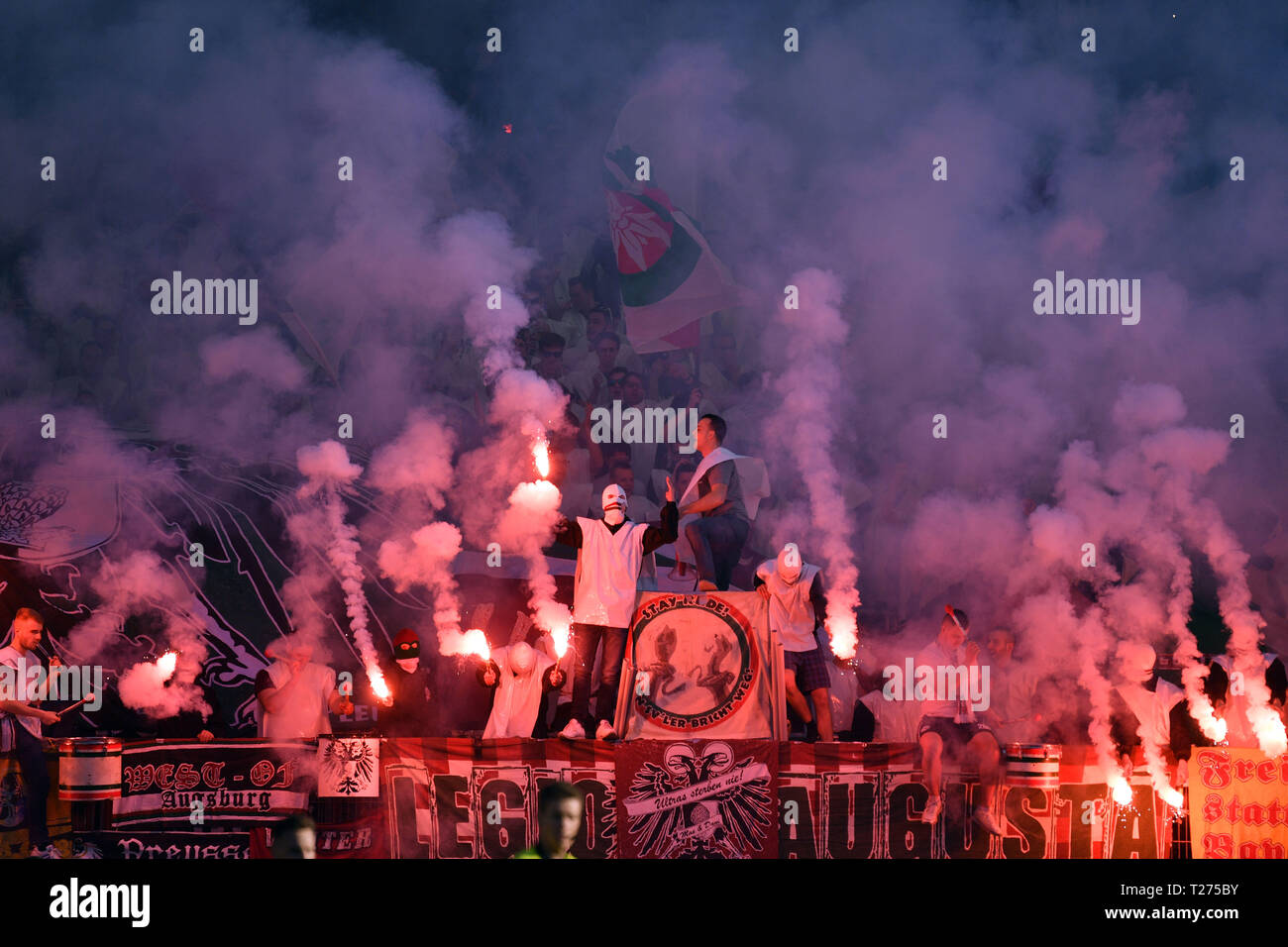 Pyro and Bengal fire, Bengalos of the fans of Chemnitzer FC, they burn  several flags of