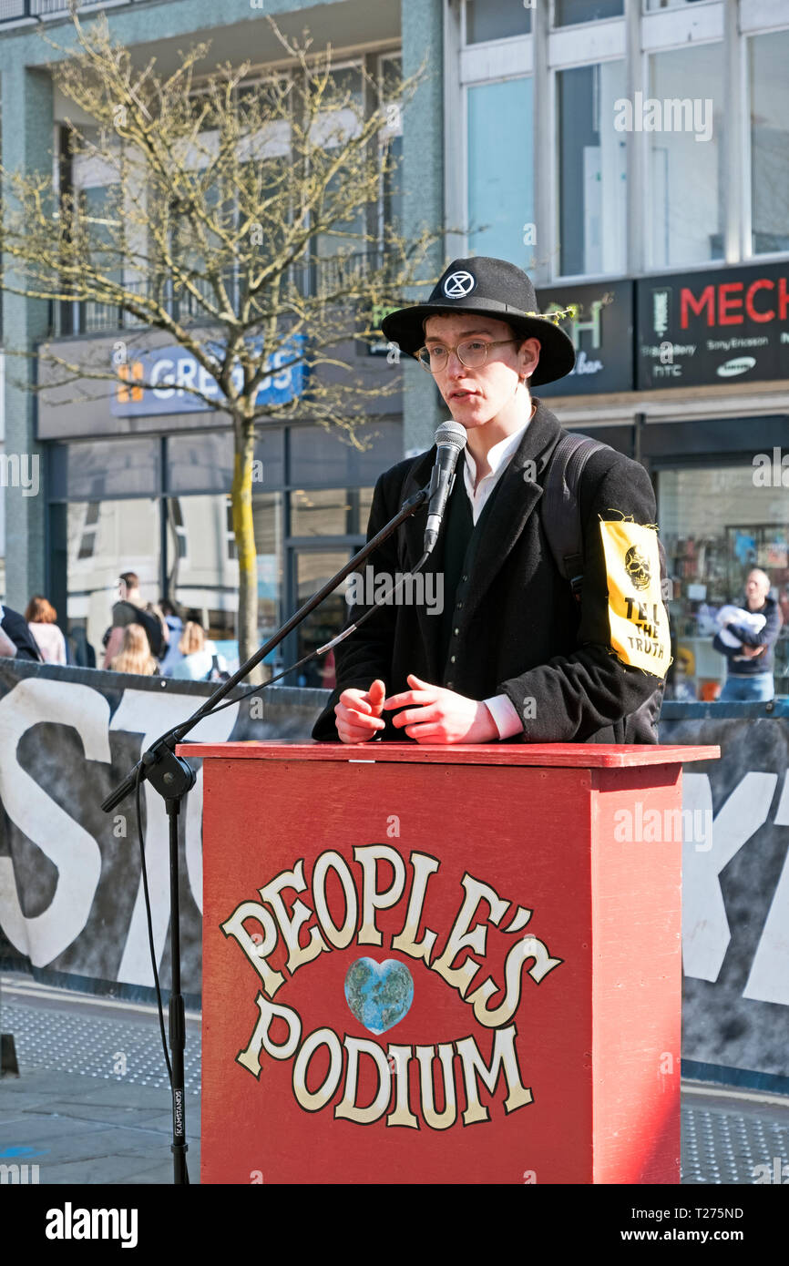 Weston-super-Mare, UK. 30th March, 2019. Extinction Rebellion Bristol  student coordinator Giles Atkinson speaks at a demonstration against climate change. The demonstration was organised by Extinction Rebellion Weston-super-Mare. Keith Ramsey/Alamy Live News Stock Photo