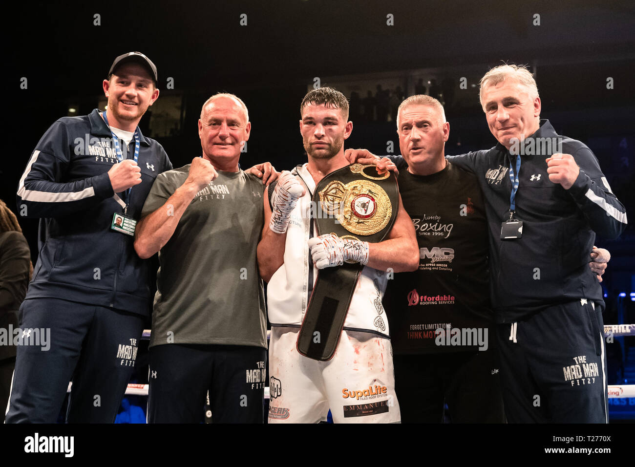 Liverpool, UK. 30th March 2019. Anthony Fowler vs Scott Fitzgerald - Vacant WBA International Supper-Welterweight Championship during Liam Smith vs. Sam Eggington - WBC Silver Super-Welterweight Championship at M&S Bank Arena on Saturday, 30 March 2019. LIVERPOOL, ENGLAND. (Editorial use only, license required for commercial use. No use in betting, games or a single club/league/player publications.) Credit: Taka G Wu/Alamy News Credit: Taka Wu/Alamy Live News Stock Photo