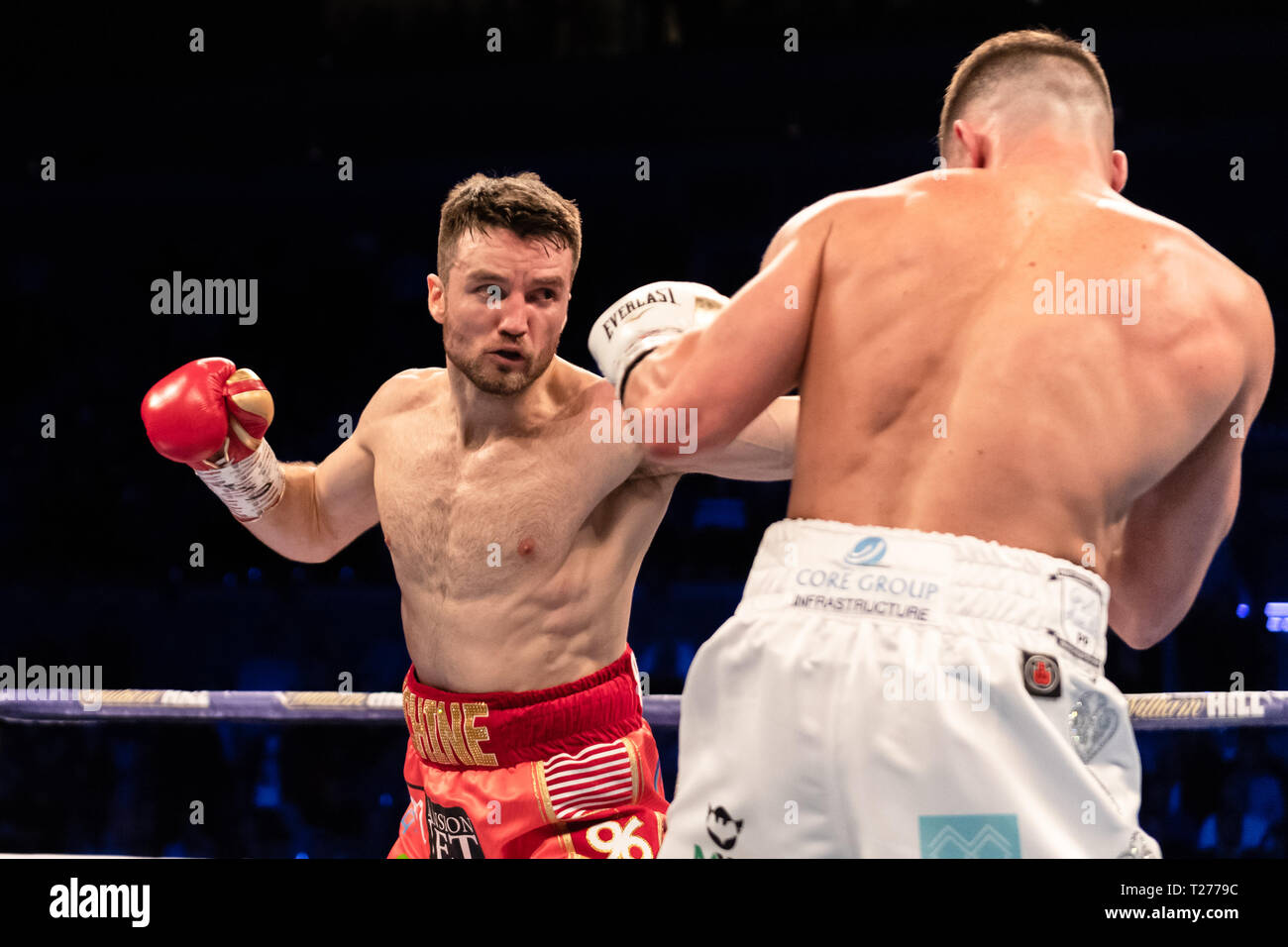Liverpool, UK. 30th March 2019. Anthony Fowler vs Scott Fitzgerald - Vacant WBA International Supper-Welterweight Championship during Liam Smith vs. Sam Eggington - WBC Silver Super-Welterweight Championship at M&S Bank Arena on Saturday, 30 March 2019. LIVERPOOL, ENGLAND. (Editorial use only, license required for commercial use. No use in betting, games or a single club/league/player publications.) Credit: Taka G Wu/Alamy News Credit: Taka Wu/Alamy Live News Stock Photo
