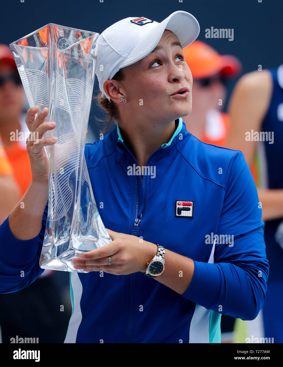 Miami Gardens, Florida, USA. 30th Mar, 2019. Ashleigh Barty, of Australia,  holds the championship trophy during the awards ceremony after winning the  women's final against Karolina Pliskova, of the Czech Republic, of