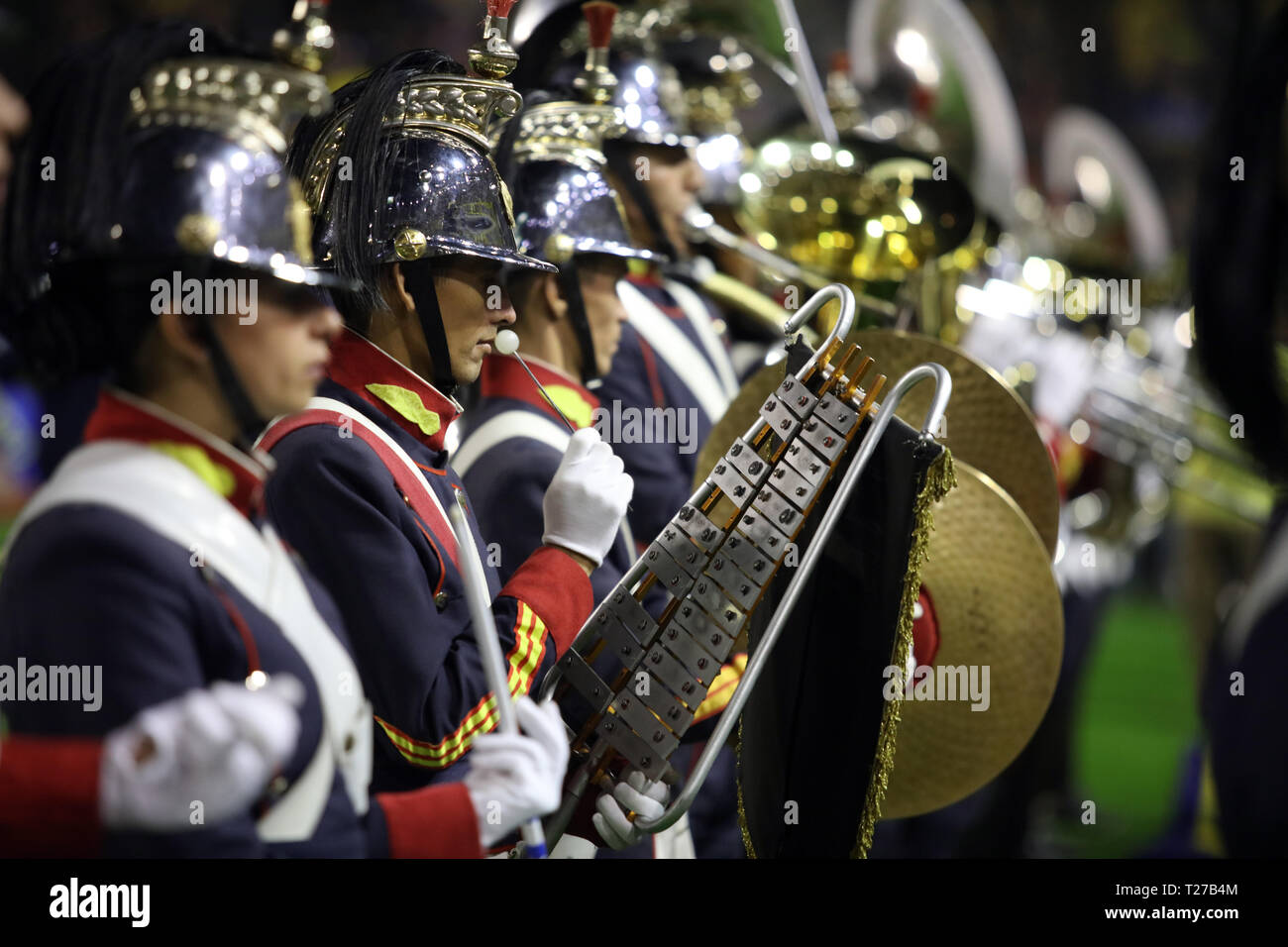 Buenos Aires, Argentina - March 30, 2019: Argentine Army music band playing before a soccer match starts in memory of the Malvinas War fallen in Buenos Aires, Argentina Stock Photo