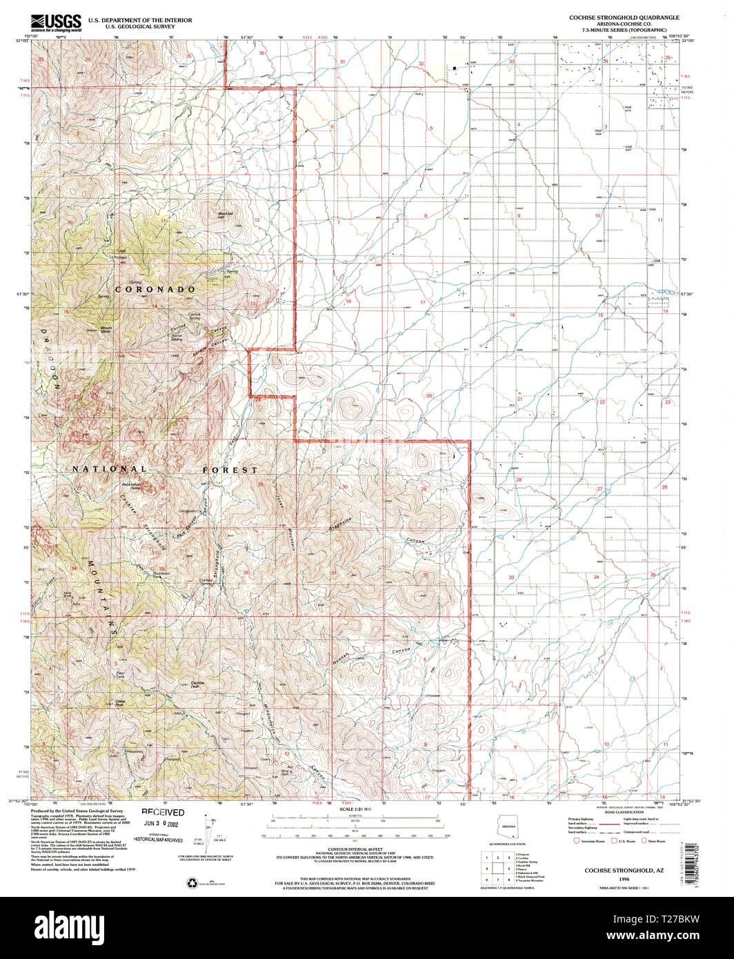 USGS TOPO Map Arizona AZ Cochise Stronghold 310934 1996 24000 Restoration Stock Photo