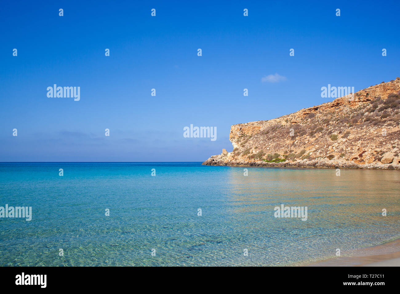 View of the most famous sea place of Lampedusa, It is named Spiaggia dei conigli,  in English language Rabbits Beach or Conigli island Stock Photo