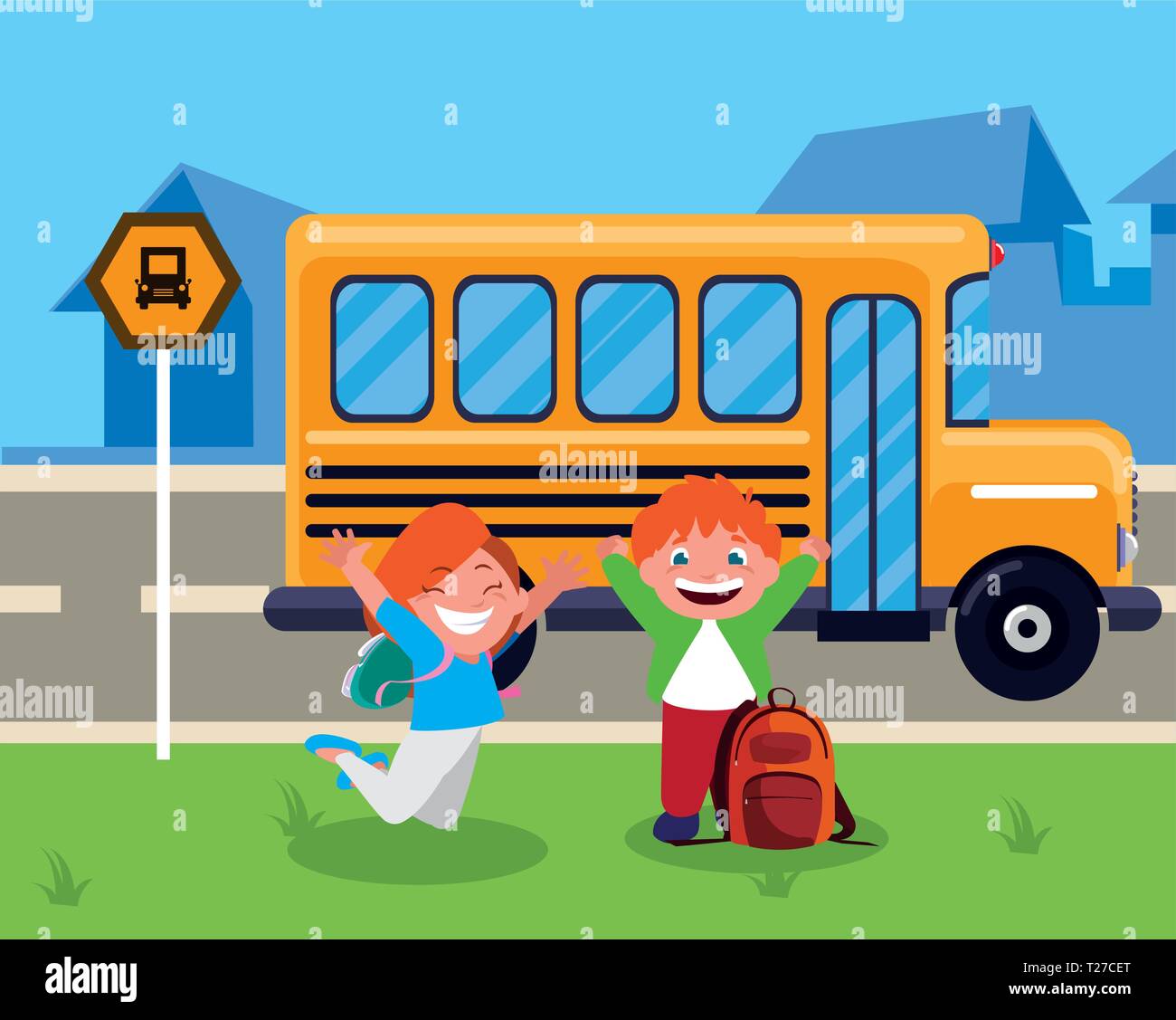happy little school kids in the bus stop vector illustration design ...