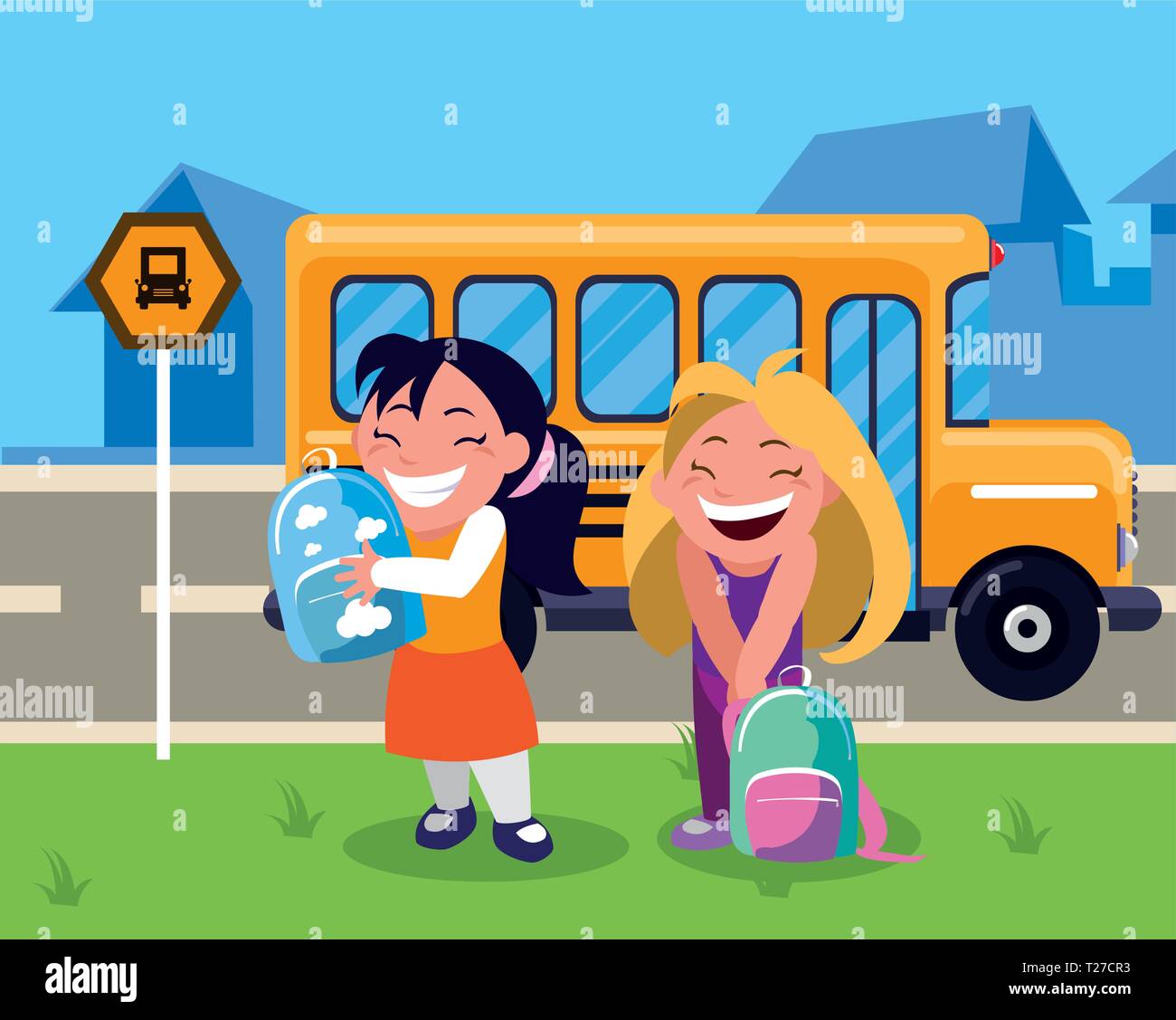 Happy Little School Girls In The Bus Stop Vector Illustration Design