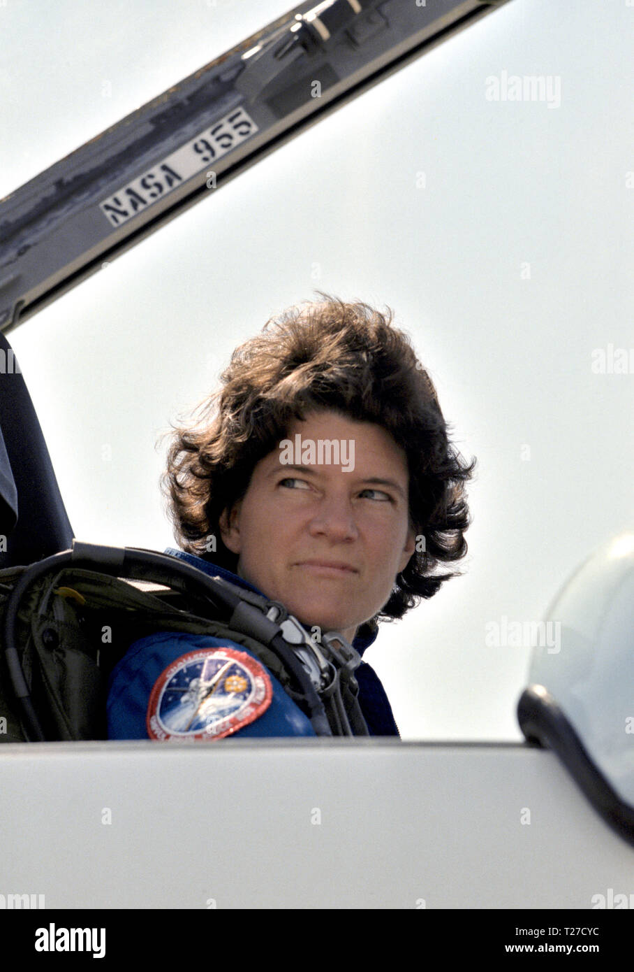(2 Oct 1984) --- Astronaut Sally K. Ride, 41-G mission specialist, gets a last look of Houston from the ground prior to departing the area in a T-38 jet aircraft to begin preparations in Florida for her 41-G space mission later in the week. Stock Photo