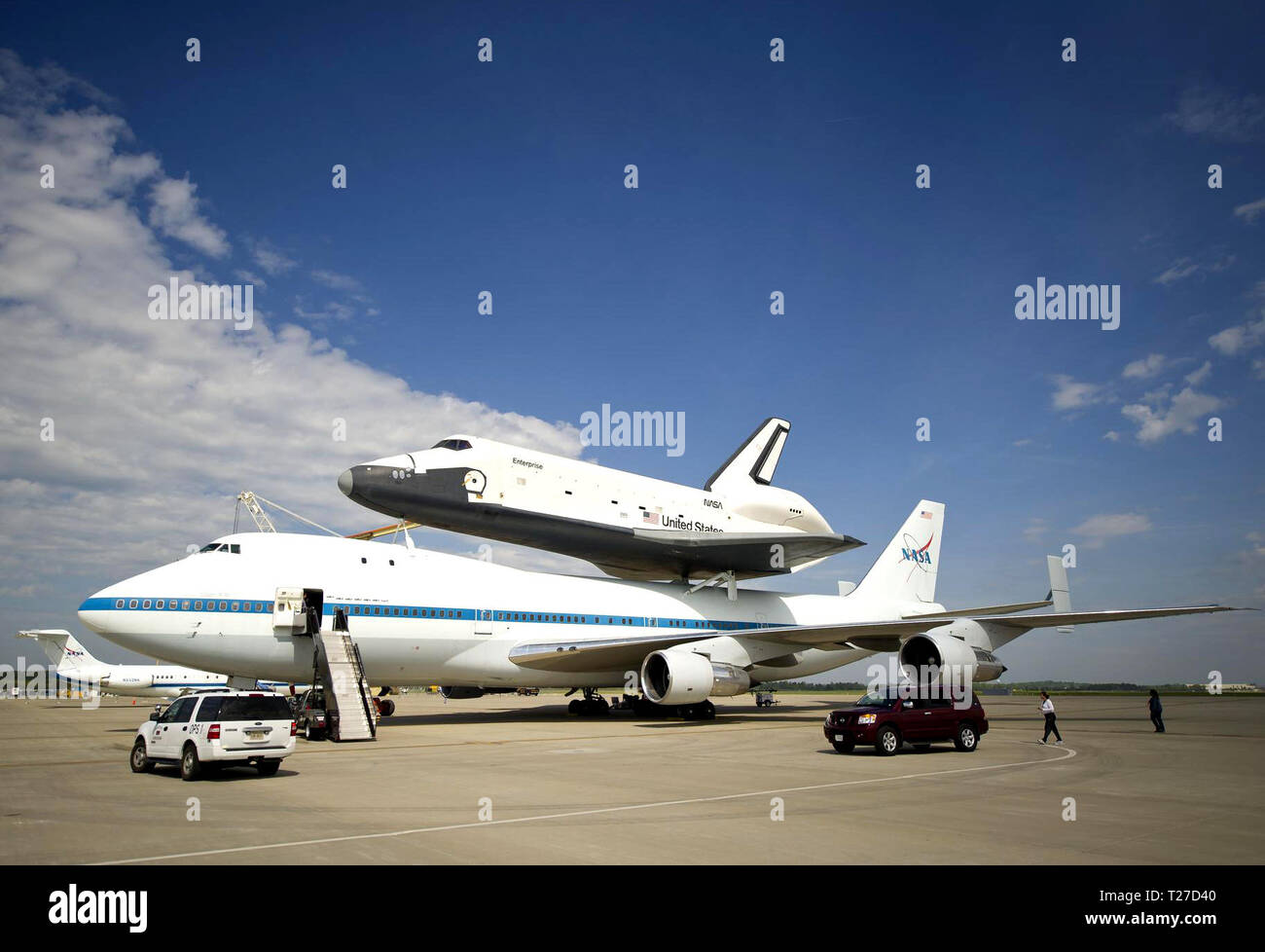The space shuttle Enterprise is seen mated on top of the NASA 747