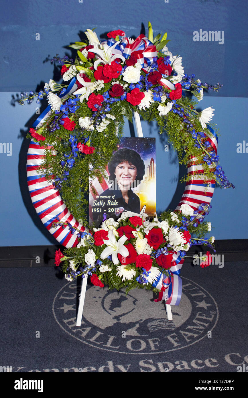 TITUSVILLE, Fla. - A wreath was laid at the U. S. Astronaut Hall of Fame honoring Sally K. Ride, who became America's first woman in space in 1983. Following her death on July 23, 2012, Ride is being remembered for her service to NASA and for her efforts to encourage children to study math, science and technology. Stock Photo