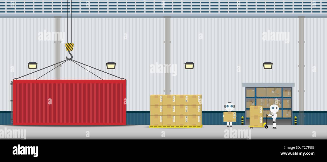 Automation warehouse concept with robot working flat design vector ...