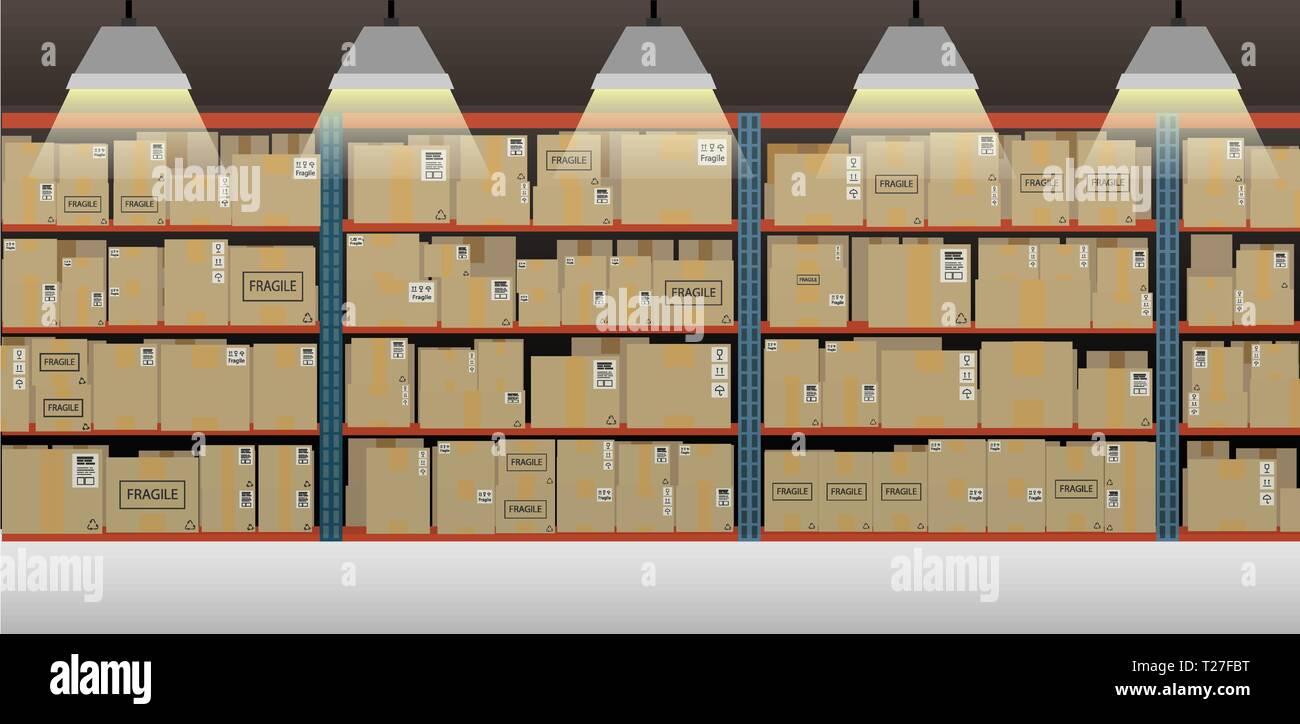 Warehouse interior with boxes on racks flat design vector illustration Stock Vector