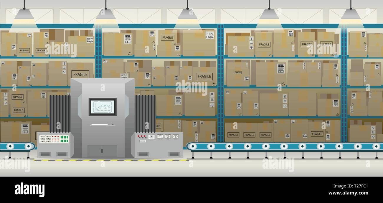 Factory interior with machine and conveyor belt flat design vector