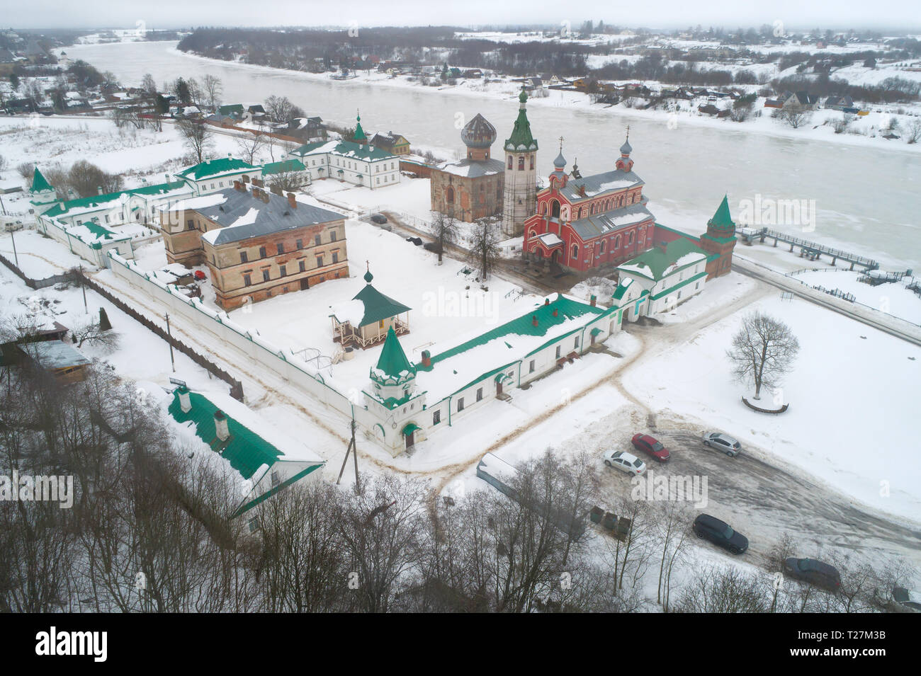 View of the Staraya Ladoga Nikolsky Monastery on a foggy February day (aerial photography). Staraya Ladoga, Russia Stock Photo