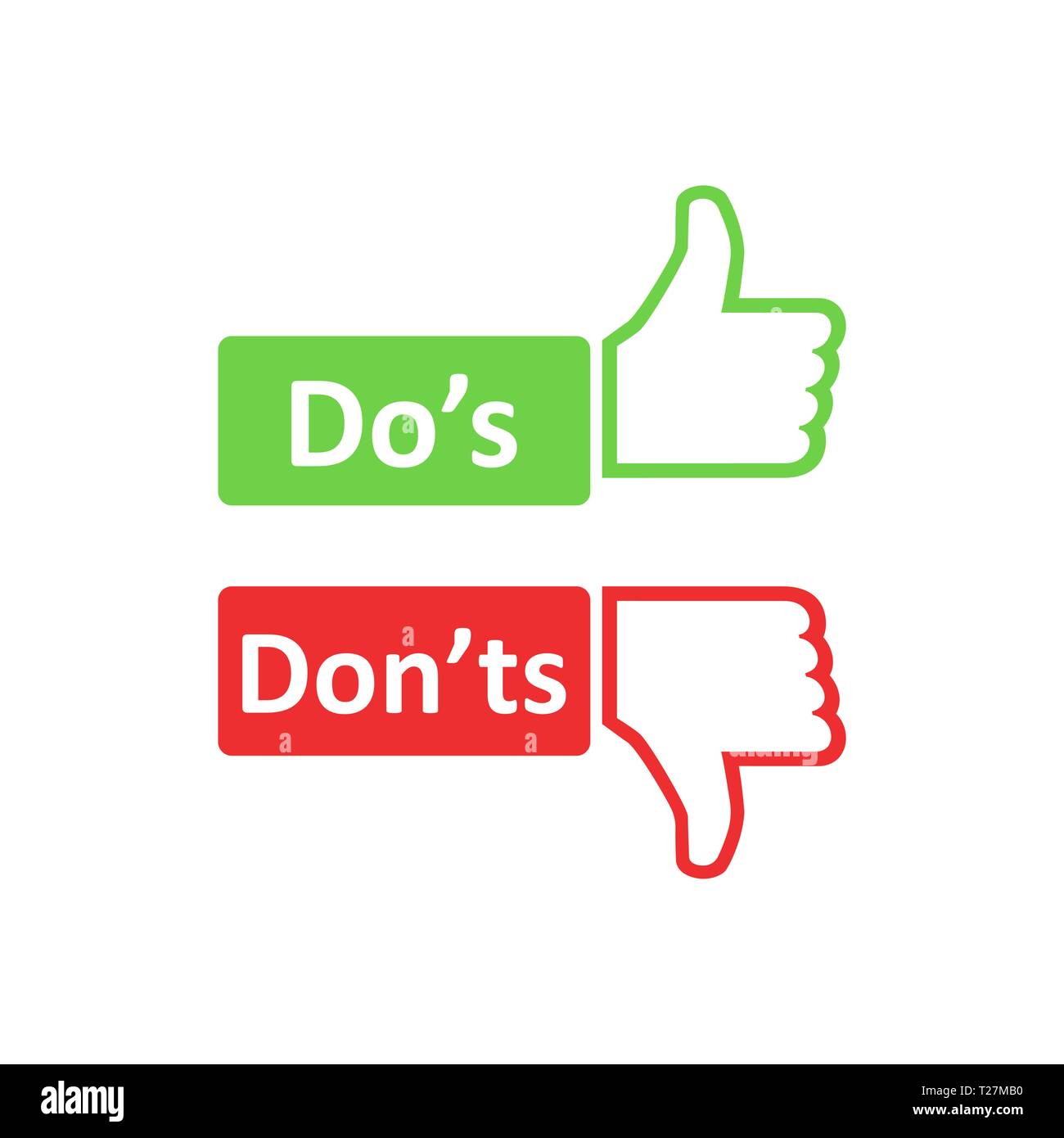 Do's and don'ts sign icon in flat style. Like, unlike vector