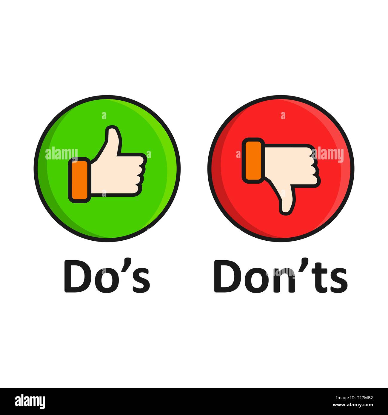 Do's and don'ts sign icon in flat style. Like, unlike vector