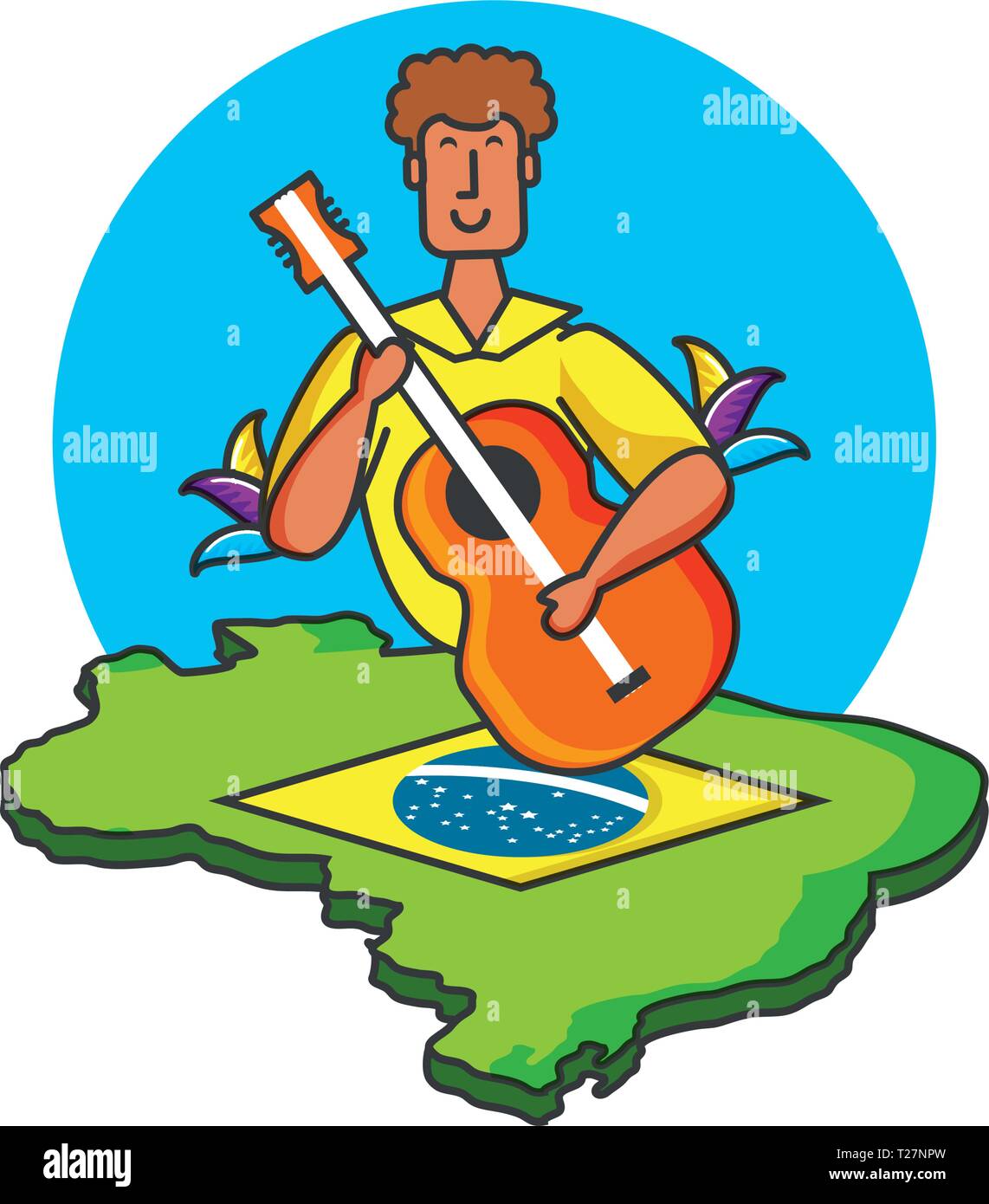man brazilian dancer with guitar and map of brazil vector illustration ...