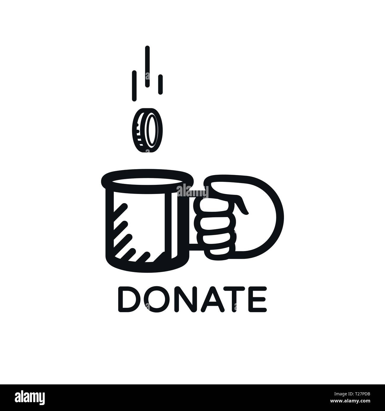 Donate coin vector logo. Donate and help. Charity, donation concept. Coin falls into the beggar's mug. Stock Vector