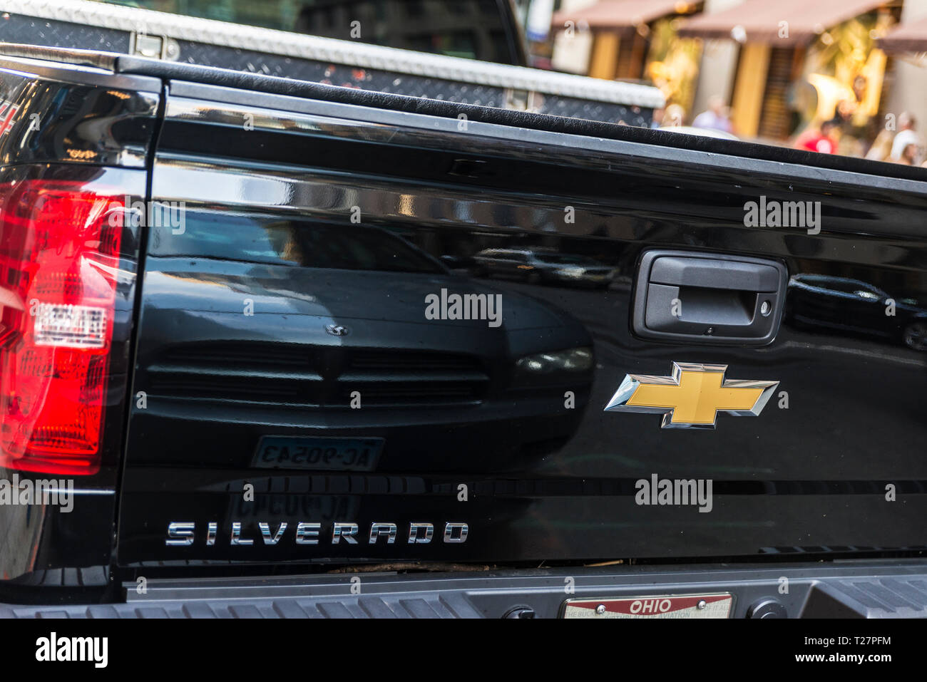 New York City, USA - July 29, 2018: Back of a black Chevrolet Silverado parked on a street in Manhattan, New York City, USA Stock Photo