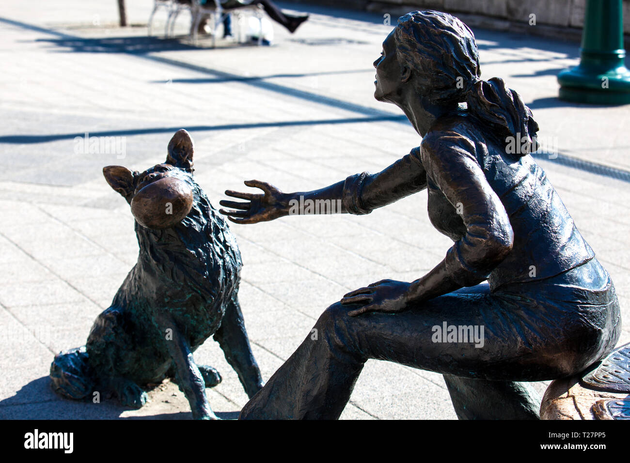 BUDAPEST, HUNGARY APRIL, 2018 Statue of a girl and her dog at the