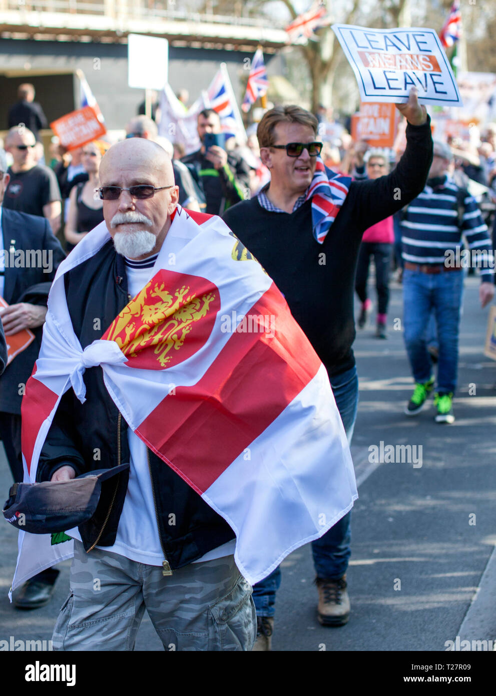 Pro Brexit March 29/3/2019 Protester wearing a St George's flag outside Houses of Parliament, Westminster, Central London, UK Stock Photo