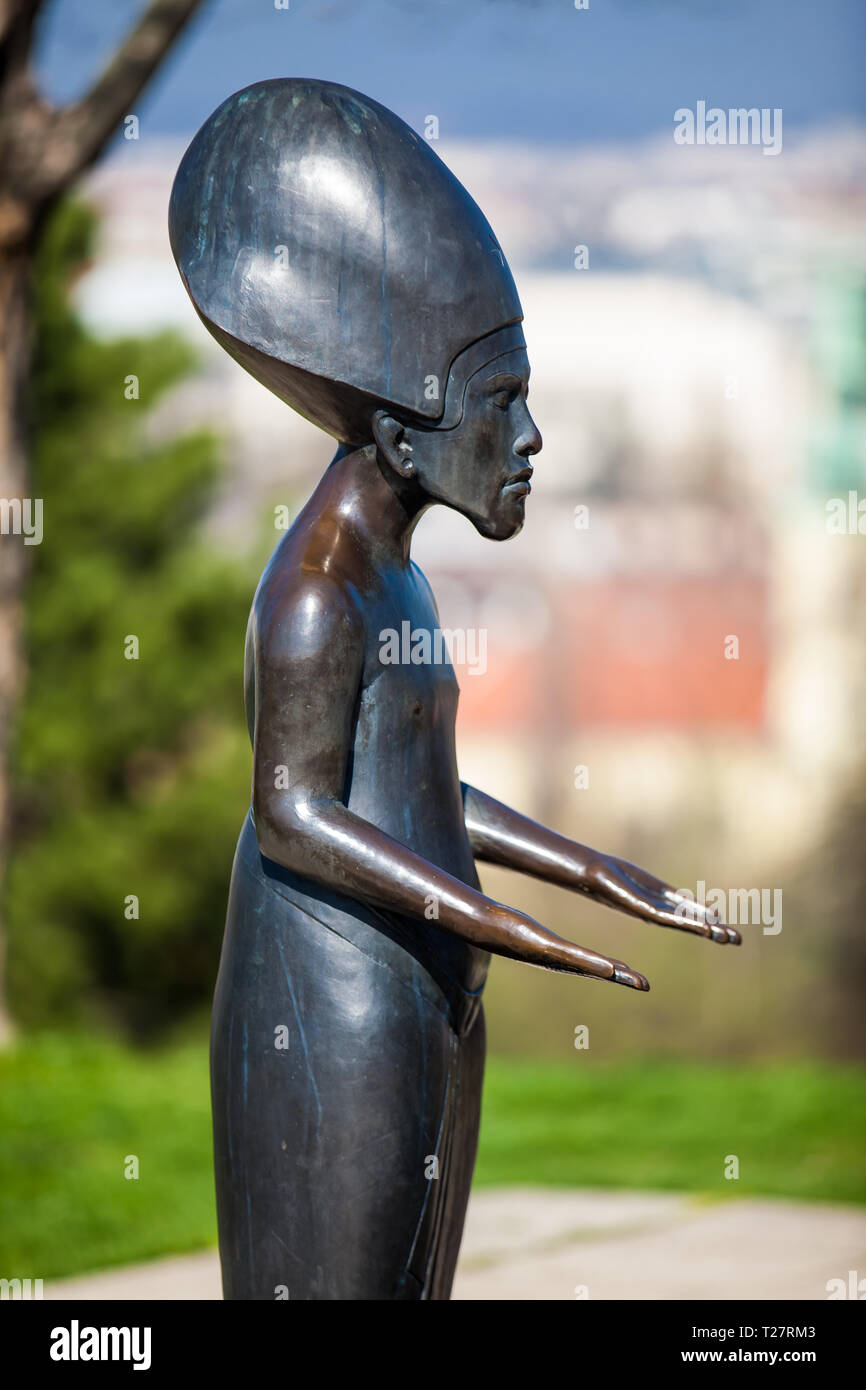 BUDAPEST, HUNGARY - APRIL, 2018: Akhenaten statue at the Garden of Philosophy located at Gellert hill in Budapest Stock Photo